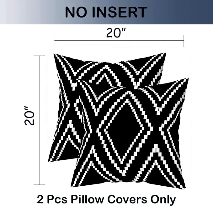 Outdoor Pillow Covers Set of 2, Black and White Throw Pillows for Patio Furniture, Outdoor Pillow Covers for Couch, Black (Black&white-01, 20x20 Inch)