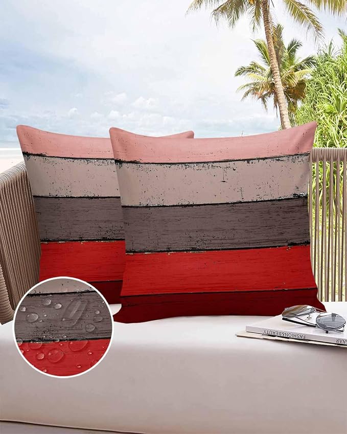 Outdoor Throw Pillow Covers 26X26 Set of 2 Waterproof Ombre Christmas Red Brown Decorative Zippered Cushion Covers for Patio Furniture, Farmhouse Retro Rustic Barn Wood Texture Lumbar Pillowcases