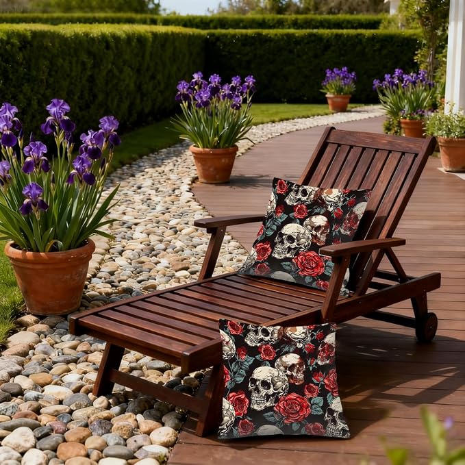 20x20 Inch Outdoor Pillow Covers Set of 2 Waterproof Throw Pillow Covers Decorative Couch Cushion Covers Floral Rose Skull Square Pillowcases Protectors for Patio Garden Sofa
