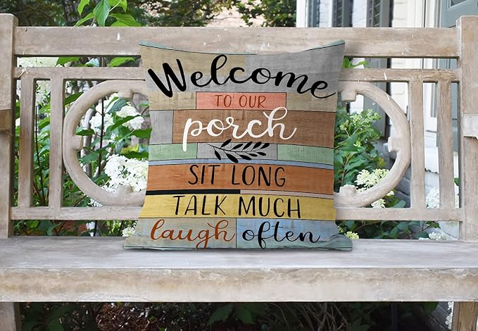 Decorative Outdoor Pillow Covers Porch Rules Sign Farmhouse Throw Pillow Covers, Square Linen Patio Cushion Cases for Couch Bench Seat Chair Car 18x18 Inch