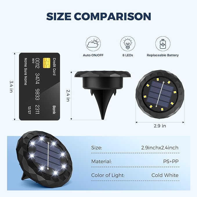 SOLPEX 12 Pack Small Solar Ground Lights, Driveway Lights Cool White | Solar Powered Pathway Lights Waterproof, Landscape Lighting for Walkway, Garden, Backyard, Patio- Black Lampshade