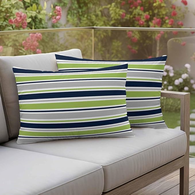 Lumbar Pillow Covers 12 x 20 Inches, Green Gray Striped Waterproof Throw Pillow Cover Set of 2, Farmhouse Stripes Modern Abstract Art Decorative Rectangle Cushion Covers for Patio/Couch/Garden