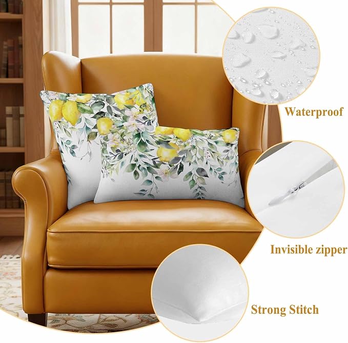 Rustic Floral Plant Outdoor Waterproof Throw Pillow Covers Set of 2, 18"x18", Green Eucalyptus Leaves Sage Lemon White Decorative Pillow Covers Outside Cushion Case for Patio Porch Garden