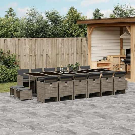17 Piece Patio Dining Set with Cushions Gray Poly Rattan Outdoor Table and Chairs for 12 People Foldable Space Saving Aluminum Frame Tempered Glass UV Proof Garden Furniture Backyard Deck Poolside