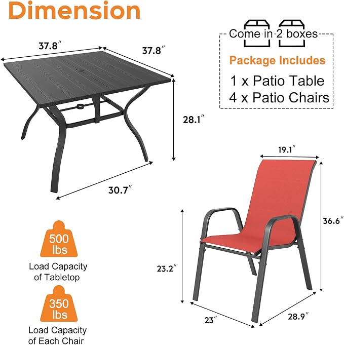 Outdoor Patio Dining Set for 4, 5 Pieces Patio Table and Chairs Set with Umbrella Hole, 37.8"x 37.8" Square Metal Wood-Grain Dining Table Set with 4 Stackable Patio Chairs for Deck , Backyard, Porch
