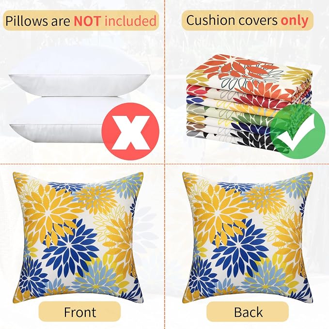 Dahlia Throw Pillow Covers 20×20 Inch Set of 2 Yellow and Blue Spring Summer Decorative Throw Pillow Cases Outdoor Pillows Waterproof Cushion Covers for Living Room Bedroom Garden Patio