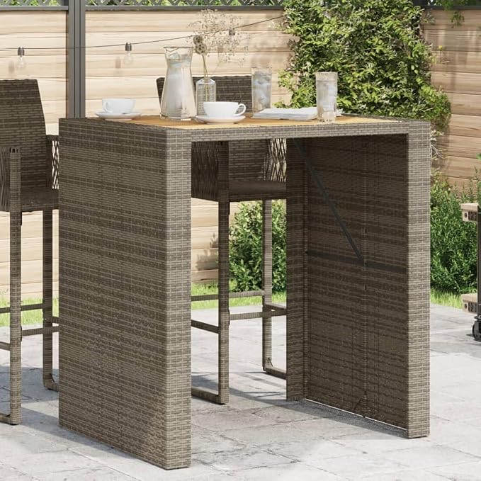 Grey Outdoor Bar Table Rectangular Synthetic Poly Rattan with Powder-Coated Steel Frame Durable Furniture for Garden Patio Dining
