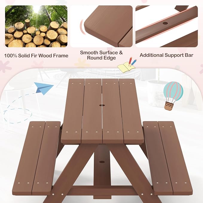 HONEY JOY Kids Picnic Table, Toddler Outdoor Table & Bench Set, Wooden Children Patio Furniture with Folding Umbrella, Kids Picnic Tables for Outdoors, Gift for Boys Girls