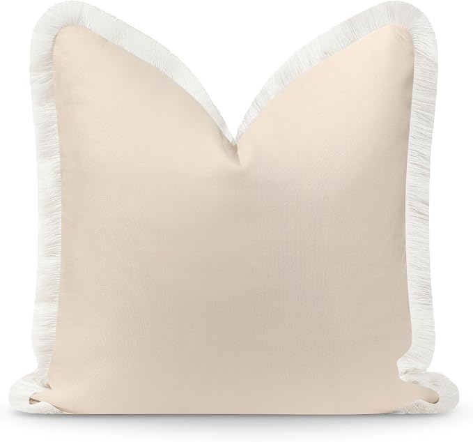 Hofdeco Premium Coastal Hampton Patio Indoor Outdoor Throw Pillow Cover Only, 22"x22" Water Repellent for Backyard, Couch, Poolside, Neutral Tan Print Solid