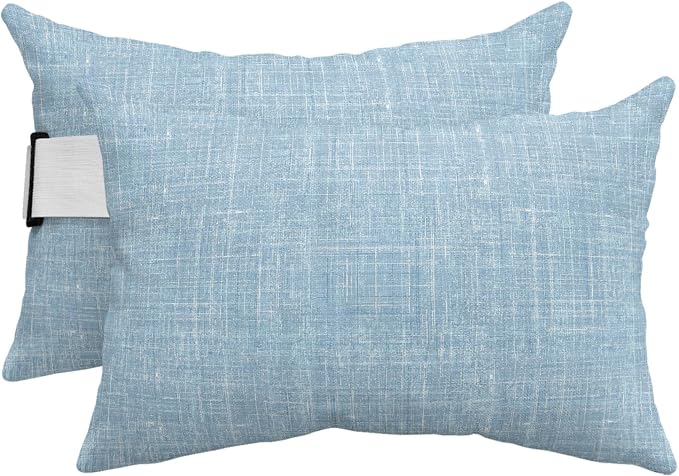 Outdoor Lumbar Pillow Set of 2, Light Blue Waterproof Beach Headrest Pillow with Inserts, Farmhouse Vintage Blue Solid Color Modern Recliner Throw Pillows for Patio Furniture, 11 x 16