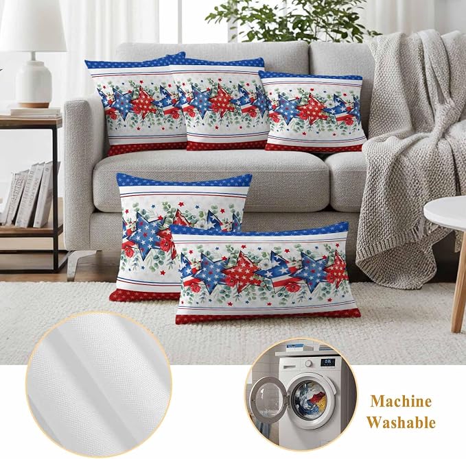 Independence Day Star Outdoor Pillow Covers 26"x26" Set of 2, Waterproof Throw Pillow Covers for Patio Furniture, Farm Red Blue White Star Eucalyptus Leaves Decorative Cushion Covers for Porch