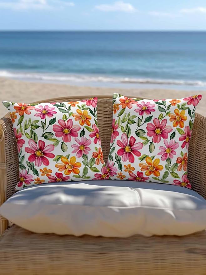 Outdoor Waterproof Throw Pillows Spring Watercolor Wild Flower Patio Pillows,Decorative Pillow Covers with Insert,Pillow Cushion Case for Garden Couch Sofa Country Small Pink Flower