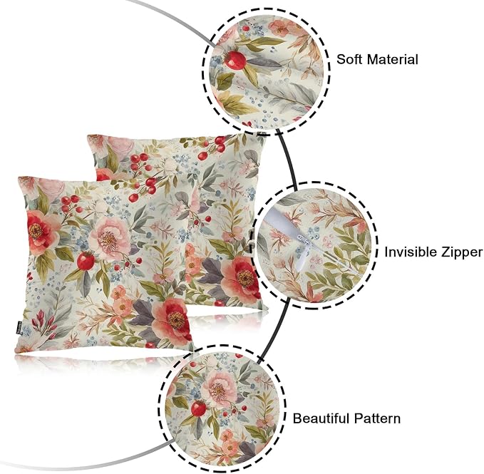 Swono Set of 2 Decorative Throw Pillow Covers Vintage Floral, Romantic Blossom Rose Flowers Farmhouse Pillowcases Accent Pillow Cushion Cover for Couch Sofa Bed Office Armchair 18 X 18 Inch