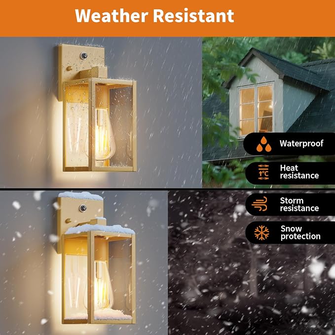 2 Pack Gold Dusk to Dawn Outdoor Front Porch Light Fixtures Wall Mount, Sensor Exterior Lantern Lamp, Outside Lights for House, Waterproof Wall Sconce, Anti Rust Coach Light for Garage Entryway