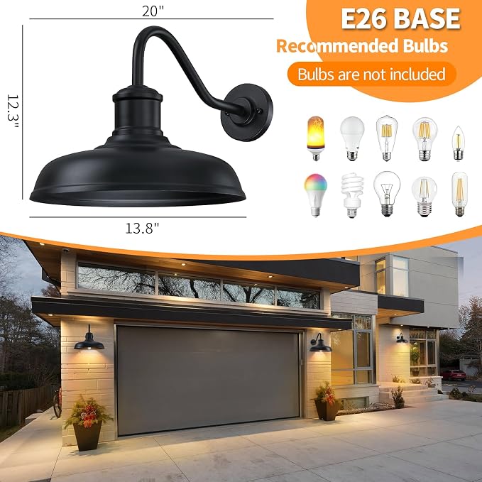 13.8'' Diameter Large Outdoor Gooseneck Barn Light 2 Packs, Black | Outdoor Wall Sconce Farmhouse Exterior Lighting Fixture Industrial Outside Lantern for Porch, Garage (No Sensor)