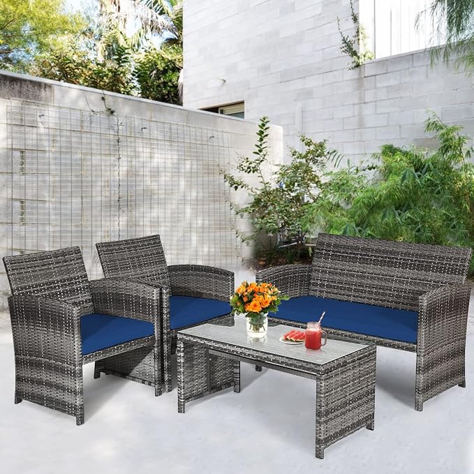 HAPPYGRILL 4-Piece Patio Conversation Set with Soft Cushions Rattan Furniture Set with PE Wicker Coffee Table & Sofa Chairs for Garden Poolside Porch Backyard