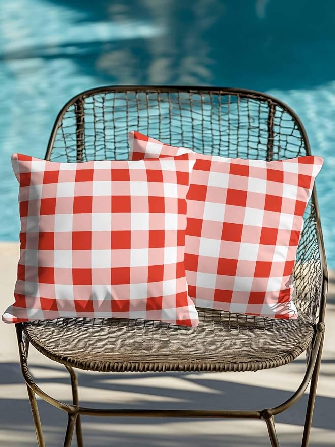 Waterproof Outdoor Pillow Set of 2 Red Buffalo Plaid Decorative Throw Pillows Cover & Insert 16x16 Inch Pillowcase Check Lines Square Pillows for Couch Sofa Bed Patio Furniture Indoor Outdoor