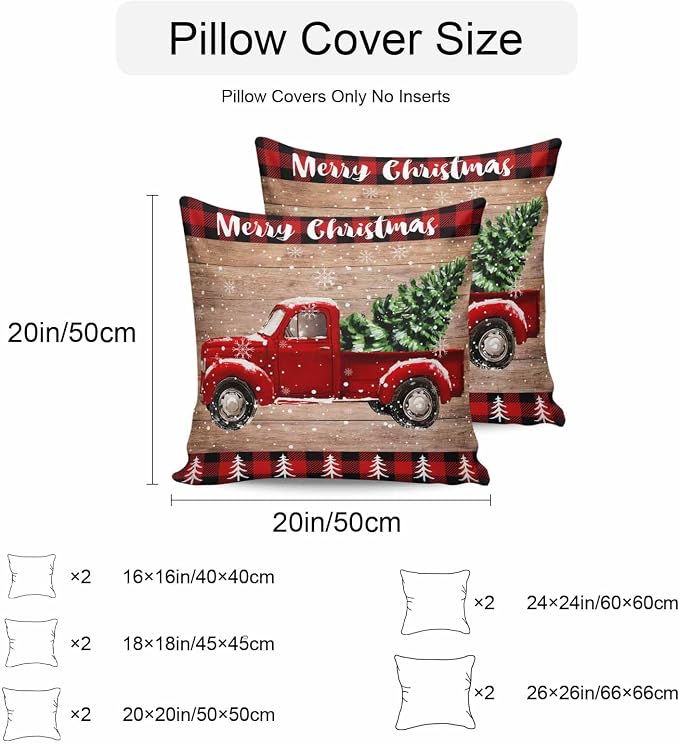 YOKOU Outdoor Throw Pillow Covers, Merry Christmas Truck Tree Vintage Board Wood Grain Buffalo Check Waterproof Pillowcases Cushion Covers Cases for Patio Couch Bench, Pack of 2 Square, 16"X16"