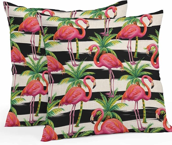 Vandarllin Outdoor Throw Pillows Covers 18x18 inch Set of 2 Waterproof Flamingo Decorative Zippered Cushion Covers for Patio Furniture, Tropical Palm Leaves Black Stripe Linen Lumbar Pillowcases