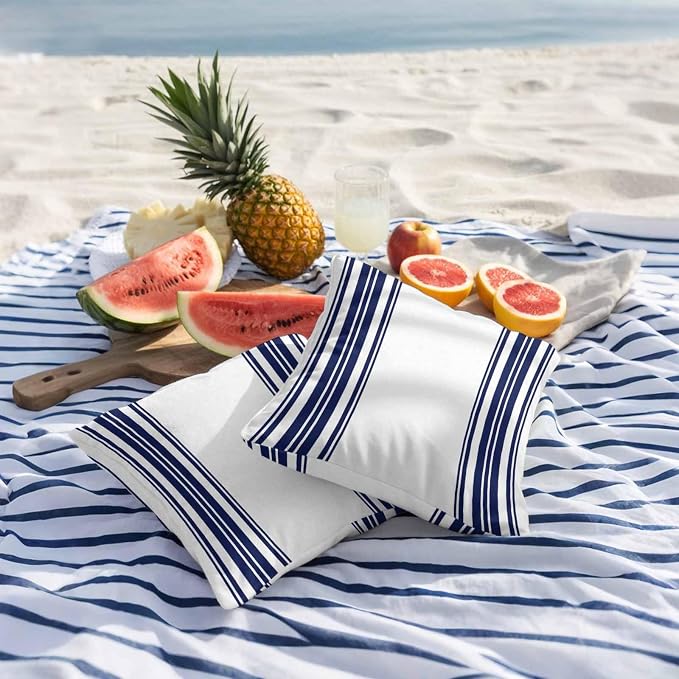 Outdoor Waterproof Throw Pillow Covers Set of 2 Navy Blue Stripes Pillowcases 20x20 Inches White Vertical Striped Decorative Pillows Cushion Case Patio Pillows for Couch Bed Chair Garden