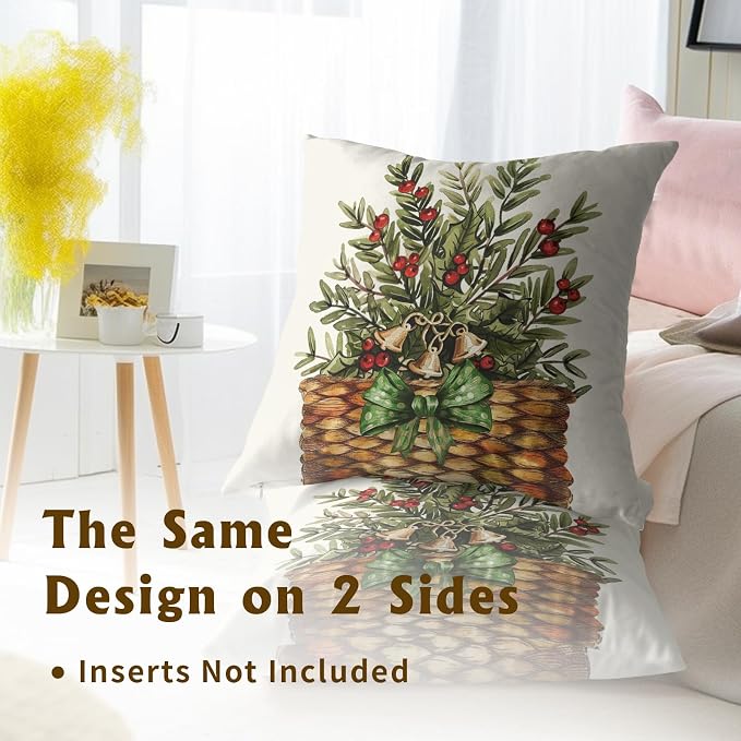 Winter Farmhouse Throw Pillow Covers Set of 2, 18x18 Inch Holiday Pine and Red Berries Bouquet Basket Square Pillowcases for Living Room Bedroom Sofa Couch Festive Season Decor