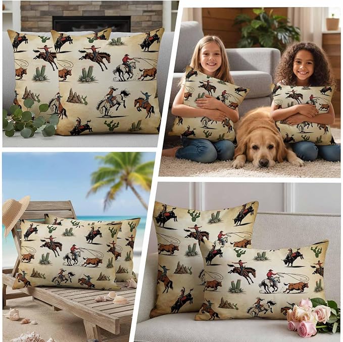 Western Cowboys Outdoor Pillow Covers Waterproof, All Weather Cushion Case Set of 2, Brown Vintage Country Cactus Decorative Pillowcases for Sofa Couch Bed Decor Patio Furniture 16"x16"
