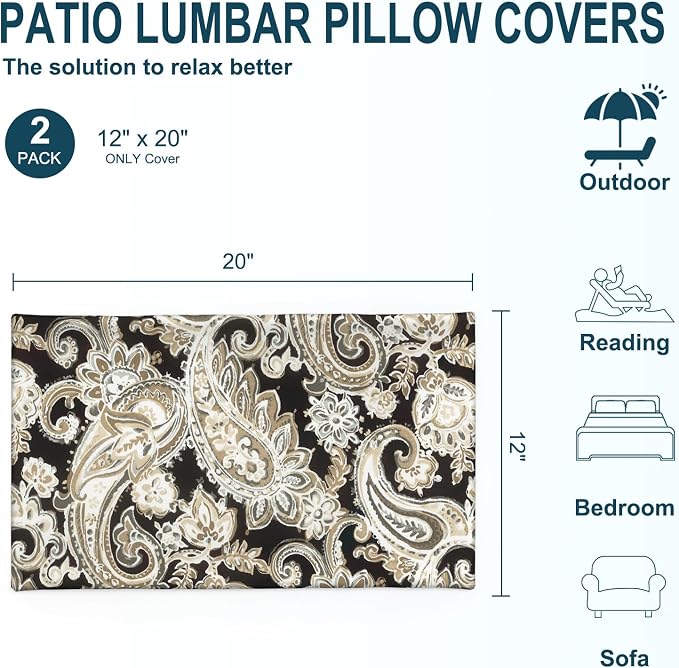 DYTXIII Pack of 2 Outdoor Waterproof Lumbar Pillow Covers ONLY, 12x20 Rectangle Decorative Double Printed Pillow Cases for Patio Couch Porch Furniture - Paisley Black
