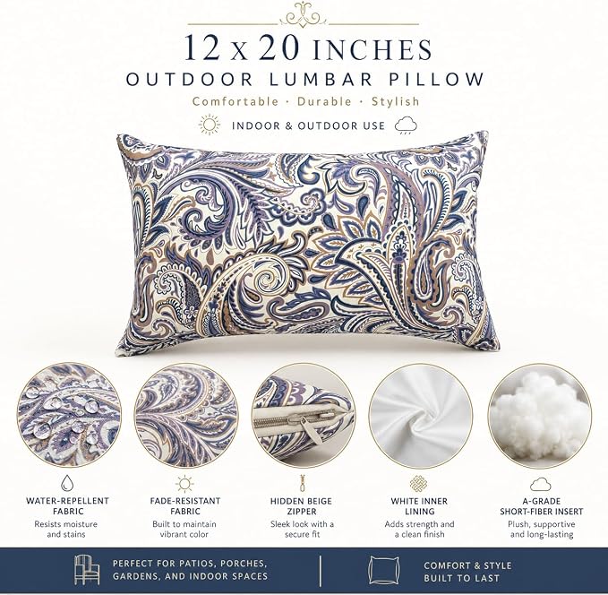 Pack of 2 Patio Lumbar Pillows 12"x20" | Fade Resistant Outdoor Waterproof Lumbar Pillow with Inners Decorative Garden Lumbar Cushions for Home Patio Terrace Sofa