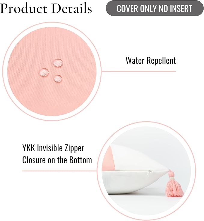 Hofdeco Premium Coastal Patio Indoor Outdoor Lumbar Pillow Cover Only, 12"x20" Water Repellent for Backyard, Couch, Blush Pink Color Block with Tassels
