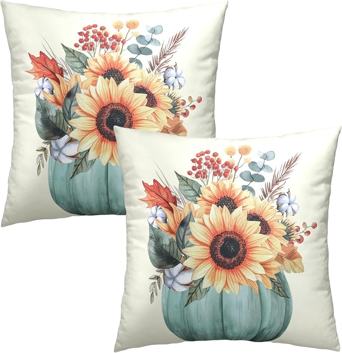 Autumn Sunflower Throw Pillow Cover Set of 2, 20x20 Inch Farmhouse Blue Pumpkin and Flowers Harvest Holiday Pillow Cushion Case for Couch Sofa Patio Living Room Bedroom Decor