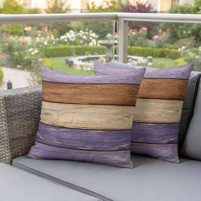Farmhouse Purple Brown Outdoor Waterproof Pillow Covers, Vintage Wooden Striped Decorative Square Throw Pillowcase Sofa Cushion Sham for Patio/Couch/Chair, 16"x16" 2 Pack