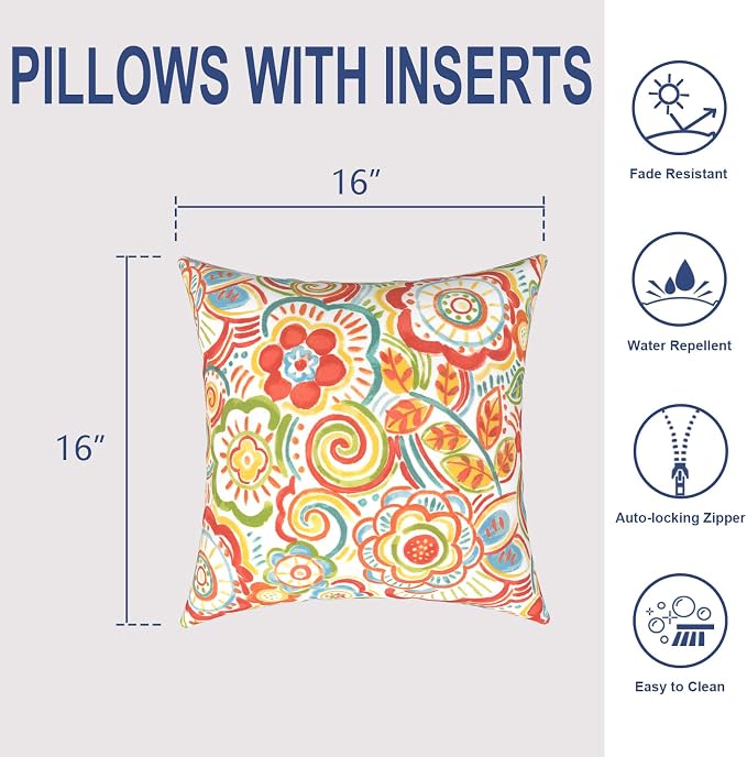 Outdoor Throw Pillows 16x16 Inch, Water Repellent Patio Pillows with Inners Set of 2 for Patio Furniture Home Garden, Flower Multi