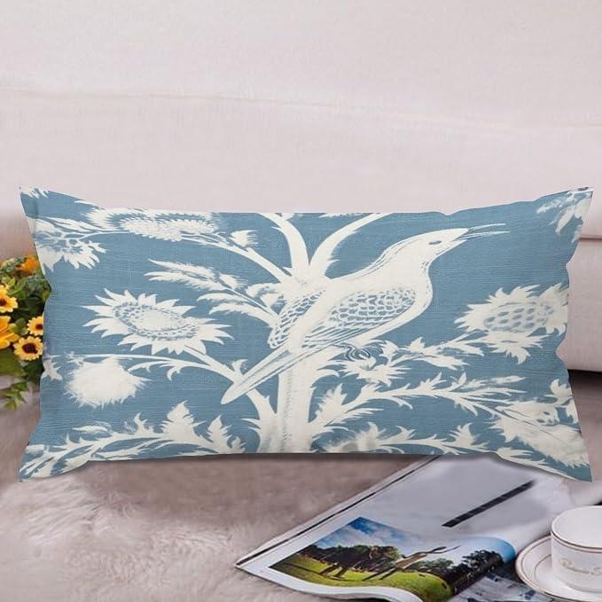 Zipped Pillow Cases for Home Decor Blue Turquoise and White Birds Plant Throw Pillow Cover Set of 2 Farmhouse Cushion Cover Cases for Living Room Club Home Decor 12x24in