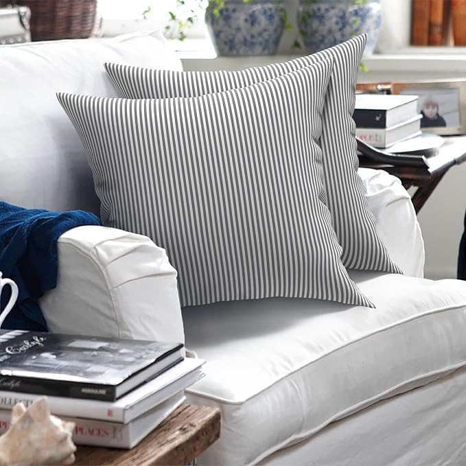 Outdoor Pillows for Patio Furniture 18x18 inch, Square Outdoor Throw Pillows with Inserts, Decorative Toss Pillows for Garden Couch Home Sofa Office Chair, Pack of 2, Stripe Gray