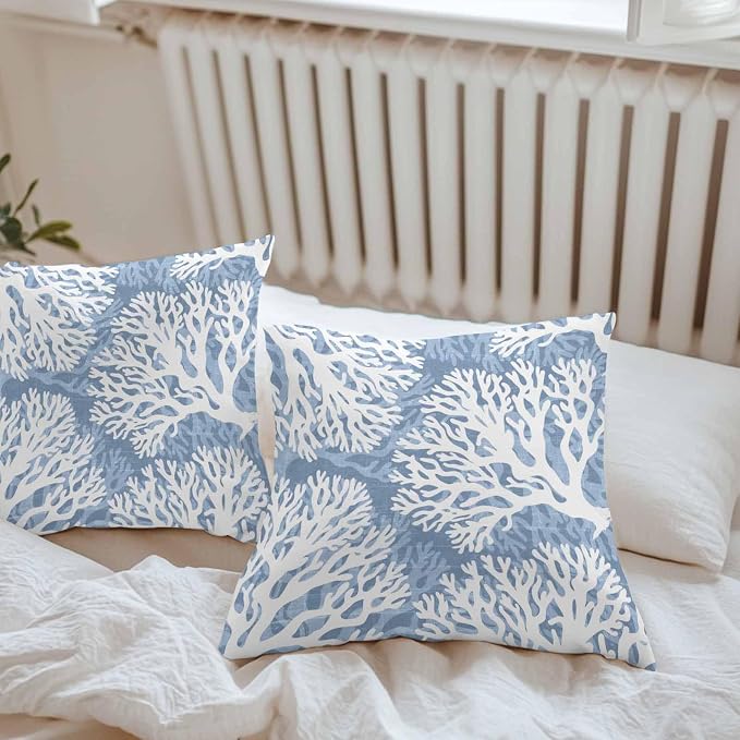 Outdoor Pillow Covers 18x18 Inch Set of 2, Lake Blue Coral Coastal Waterproof Throw Pillow Covers, Summer Beach Nautical Ocean Decorative Cushion Pillowcases for Couch, Sofa, Bed, Garden, Patio