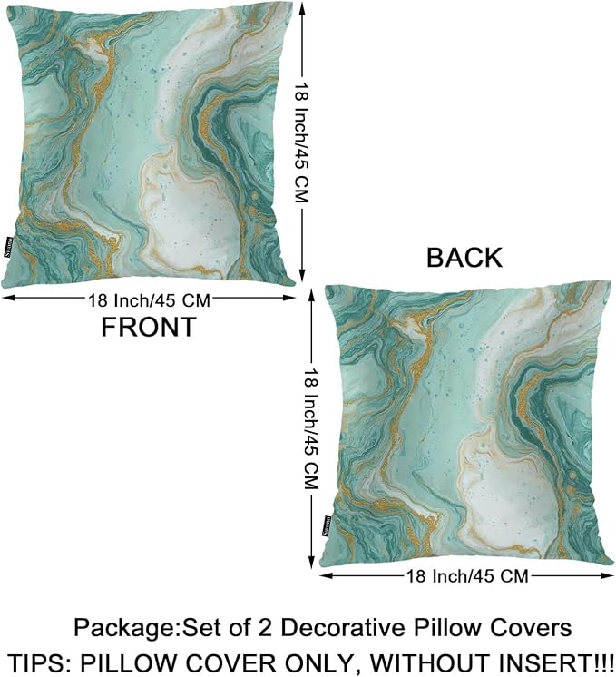 Swono Turquoise Marble Pillow Covers Cushion Covers, Abstract Ocean Marble Green Gold 18 X 18 Inch Set of 2 Throw Pillow Cover Pillowcases Home Decorative for Couch Sofa Car Bedroom, No Insert