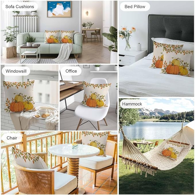 Orange Pumpkins Outdoor Waterproof Pillow Covers, Fall Yellow Leaves Vintage Beige Rustic Decorative Square Throw Pillowcase Sofa Cushion Sham for Patio/Couch/Chair, 26"x26" 2 Pack
