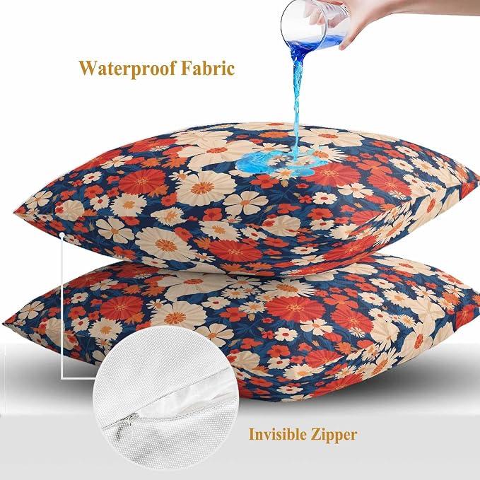 Independence Day Outdoor Waterproof Throw Pillow Covers Set of 2, 18"x18", Red White Daisy Retro 4th of July Decorative Pillow Covers Outside Cushion Case for Patio Porch Garden
