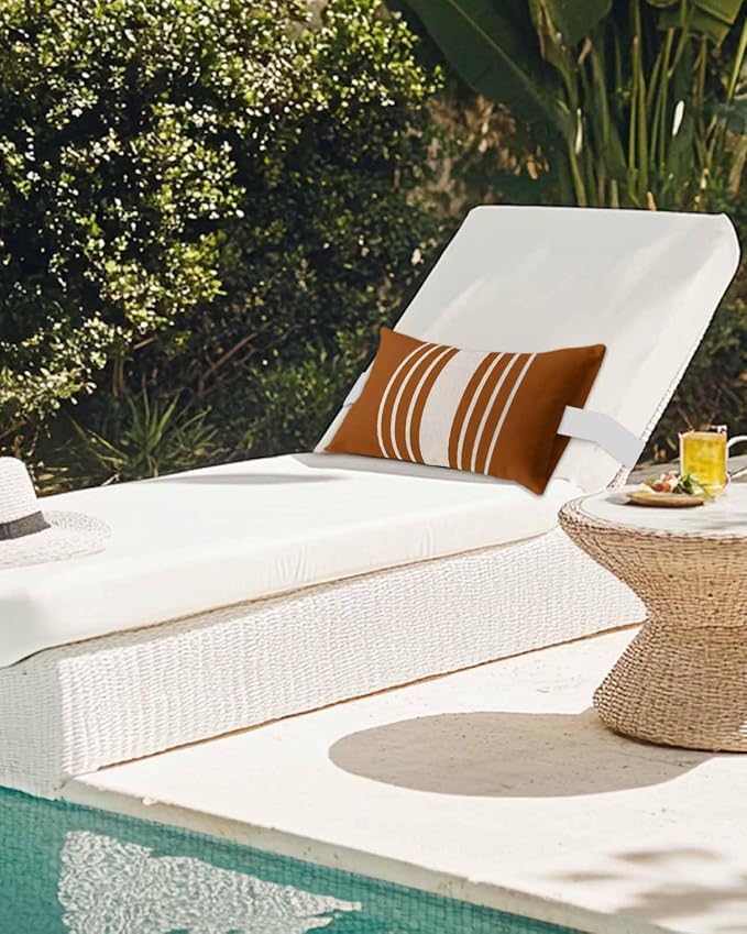 Pack of 2 Outdoor Lumbar Pillow Covers 12x20 Inch, Burnt Orange Beige Striped Waterproof Throw Pillow Covers Set, Modern Farmhouse Retro Lines Indoor&Outdoor Cushion Cases for Patio Porch Beach