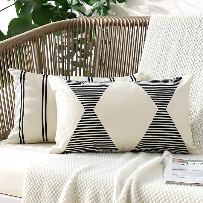 OTOSTAR Outdoor Decorative Pillow Covers Waterproof Garden Throw Pillow Covers 12x20 Inch Cushion Case Geometry Throw Pillowcases Pillows Shell for Patio Furniture Couch Tent Balcony Pack of 4 (Black)
