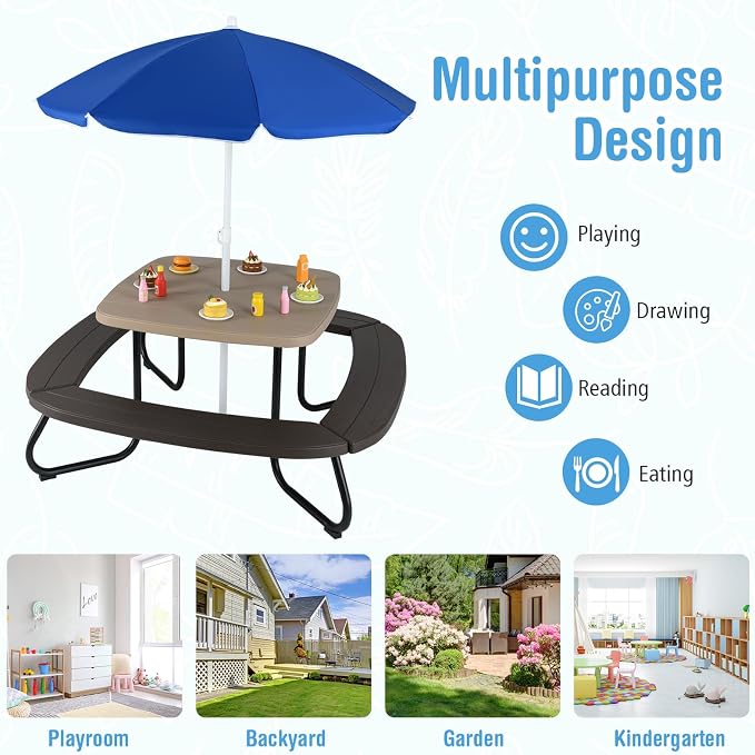 HONEY JOY Kids Picnic Table, 8 Person Toddler Outdoor Table and Chair Set, 4 Built-in Benches, Removable Umbrella, Metal Frame & HDPE Top, Children Outdoor Furniture for Backyard Patio Garden (Coffee)