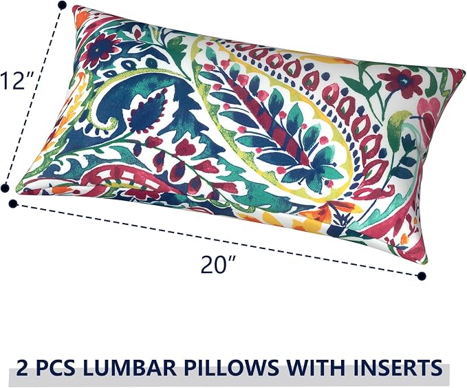 Outdoor Lumbar Pillows 12x20 inch, Rectangle Throw Pillows with Inserts, Decorative Lumbar Cushions for Patio Furniture Garden Couch Home Sofa Office Chair, Pack of 2, Vigour Paisley