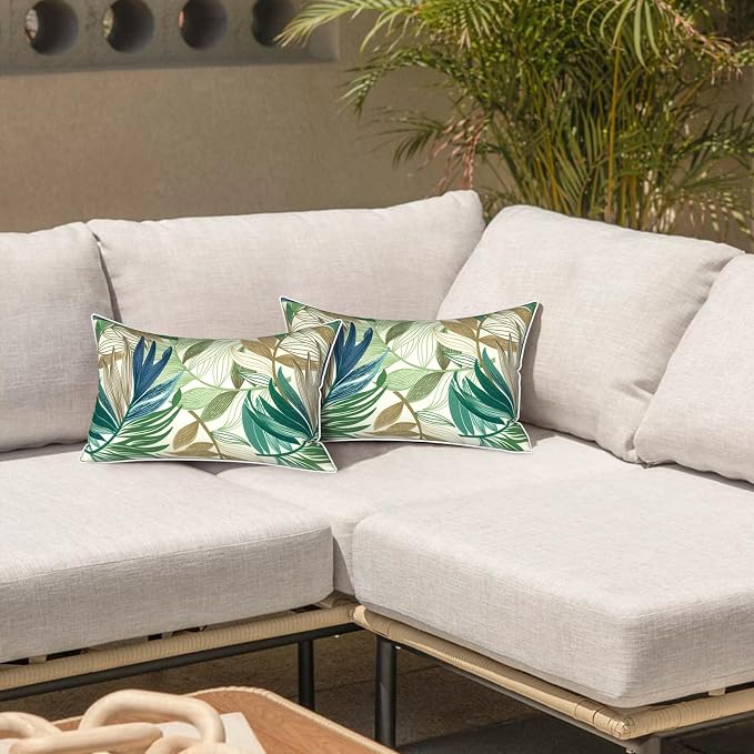 LVTXIII Set of 2 Outdoor Lumbar Pillows for Patio Furniture with White Piping, 12"x20" Fade Resistant Patio Lumbar Pillows with Inserts for Home Coach Sofa Use, Lush Leaf Green