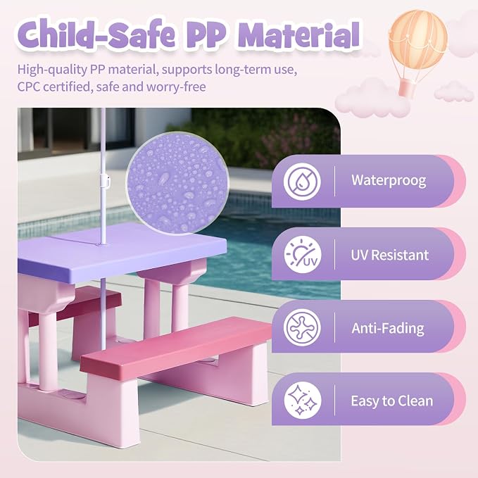 Kids Table and Chair Set, Toddler Plastic Outdoor Table & Bench Set with Removable Umbrella, Children Picnic Table Fits 4 Children for Backyard Garden, Pink & Purple