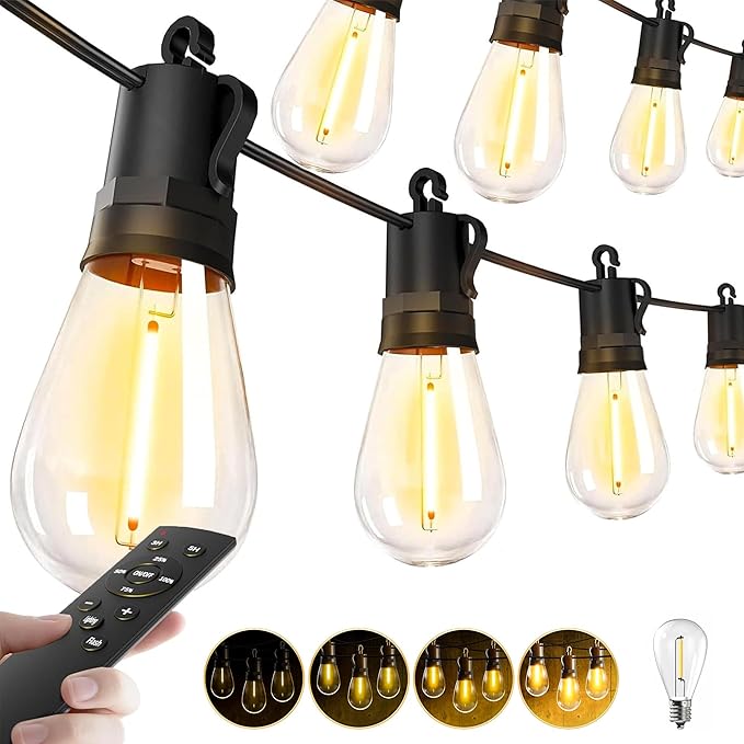 Outdoor String Lights Patio LED - 15M 50FT Outside Waterproof Dimmable | Shatterproof, S14 Porch Light Edison Plastic Bulb Pergola Hanging Balcony Connectable Yard Gazebo Backyard Garden Bistro