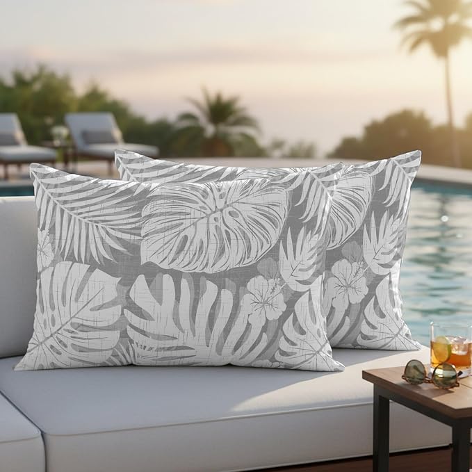 Light Grey Palm Leaves Outdoor Pillow Covers 20"x12" Set of 2, Tropical Botanical Modern Minimalist Waterproof Throw Pillow Covers for Patio Furniture, Decorative Cushion Covers for Porch