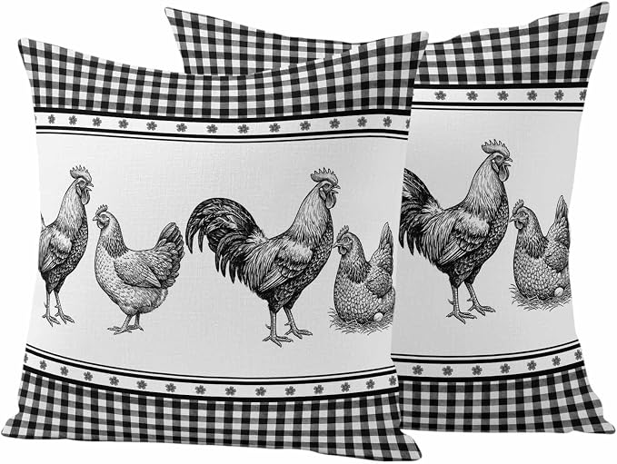 Navy Blue Rooster Outdoor Pillow Covers Waterproof, All Weather Cushion Case Set of 2, Vintage Farmhouse Black Plaid Decorative Pillowcases for Sofa Couch Bed Decor Patio Furniture 20"x20"
