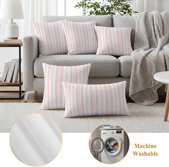 Pink Striped Outdoor Waterproof Pillow Covers, Farmhouse Stripes Modern Geometric Decorative Square Throw Pillowcase Sofa Cushion Sham for Patio/Couch/Chair, 24"x24" 2 Pack