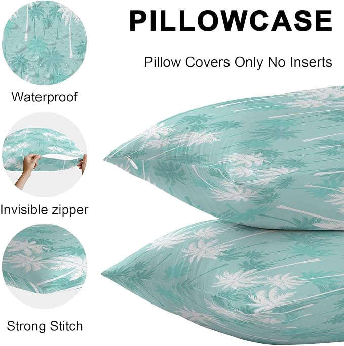 Throw Pillow Covers 24x24 Inch Set of 2, Tropical Palm Tree Waterproof Outdoor Pillow Covers, Turquoise White Plants Coastal Leaf Beach Decorative Cushion Pillowcases for Patio, Garden, Couch, Sofa