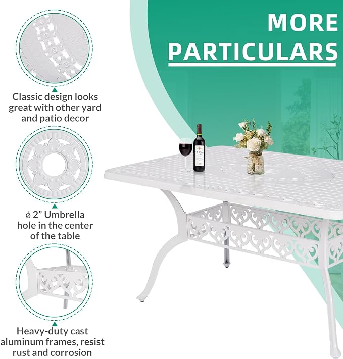 VIVIJASON Outdoor Patio Dining Rectangle Table White Cast Aluminum Rustic Large Patio Table with 2" Umbrella Hole for Garden, Backyard, Deck